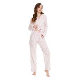 GLOBAL Ladies 100% Cotton Long Sleeve Button Up Pyjamas Soft Breathable PJS, Pink Flowers, M