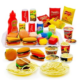 Pretend Play Kitchen Mini Foods Set for Kids Hamburger Fries Noodles Drink with Tray Playset,Play House Kitchen Accessories Role Toys Birthday Gifts for Boys Girls 3 4 5 Yrs (31Pcs Hamburger Chips)