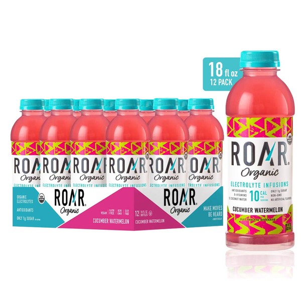 Roar Organic Electrolyte Infusions - USDA Organic - Cucumber Watermelon - with Antioxidants, B Vitamins, Low-Calorie, Low-Sugar, Low-Carb, Coconut Water Infused Beverage 18 Fl Oz (Pack of 12)