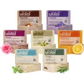 Uiixol Kit de 7 Jabones Artesanales en Barra con Aromaterapia Jabón Corporal Natural con Lavanda, Menta, Romero, Mandarina, Rosas, Almendra y Oliva Vegano 100 g c/u
