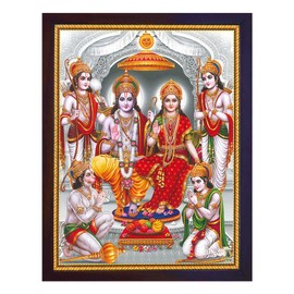 SANVIKA Hanuman Showing His Humbleness in Ram Darbar and Mata Sita Giving Blessings. A Holy Religious Poster Painting with Frame for Hindu Worship Purpose (COL11)