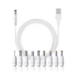 USB to DC 5V Power Cable with 9 Interchangeable Tips, Universal Charging Cord 5.5x2.1mm Adapter for LED Strip, Moon Lamp, Mini Fan, Bluetooth Speaker, Router, Smart Devices – White