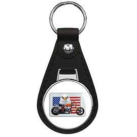 USA Flag Eagle Motorbike Keychain Black Premium Leather Key Chain with Key Ring