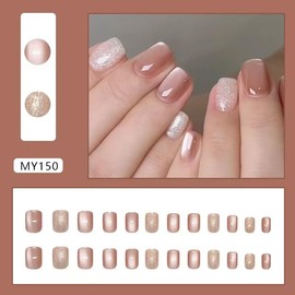 Nail Tip Fake Nails | One-touch Easy Installation / Mechanical Wearable Manicure | Short, Almond Shape, Natural, Reusable, For Beginners | For Daily Use, Work (MY150)