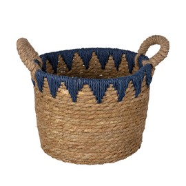 Stratton Home Decor Woven Straw Decorative Storage Basket | Rustic Wicker Basket for Storing Essentials | Natural Colored Blanket Basket with Blue Details | 10.0”x10.0”x10.0”