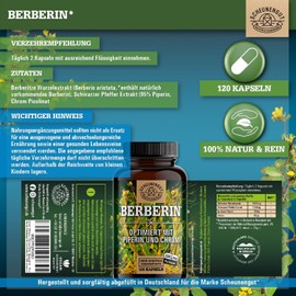 Berberine 1040 mg per dose – IMPORTANT: 20:1 Extract (= 20620 mg Berberine Root Powder per Daily Dose) with Chrome + Black Pepper Berberine Capsules High Dose German SCHEUNENGUT