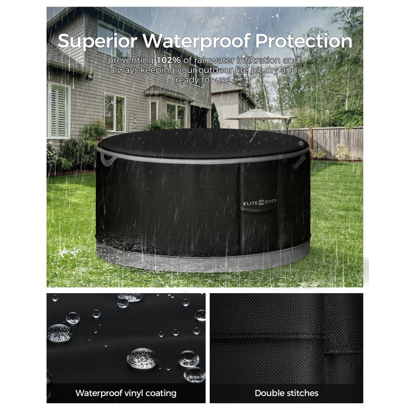 EliteCover Fire Pit Cover Round 36 Inch, 600D Heavy-Duty Waterproof