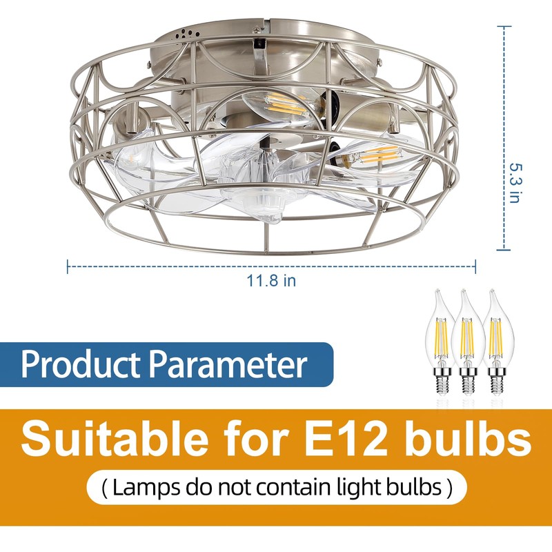Brushed Nickel Caged Ceiling Fans with Lights and Remote,6 Speeds,12