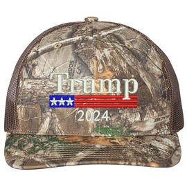 Generic Trump US Flag 2024 Embroidered Richadson Brand One Size Fits All Structured Trucker Hat (Polycotton, Camo RealTre)