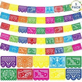 90 FT Fiesta Party Decorations, 5 Pack Cinco De Mayo Banner, Large Plastic Papel Picado Mexican Themed Party Banner Dia De Los Muertos String Flags Colorful Indoor Outdoor Hanging Home Yard Decor