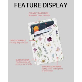 AWHSCP Phone Card Holder, Cute Leather Phone Wallet Stick On, Dual Pocket Credit Card Sticky Wallet, Compatible with Most of Cell Phone, Cute Colorful Flower
