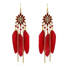 Boho Long Feather Earrings Long Tassel Drop Dangle Earrings Set for Women,Bohemian Gold Dangling Long Handmade Feather Dream Catcher Earrings (Red)