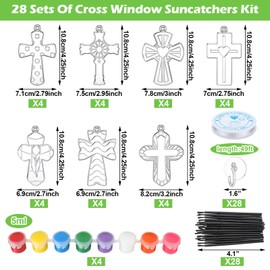 Poen 28 Sets Religious Cross Suncatchers Kits for Kids Window Paint Art Suncatchers Crafts Ornaments Decor Sunday School VBS Cross Craft Kits for Easter Holiday Activities Home Party Favors