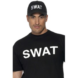 Smiffys SWAT Baseball Cap, Black with Embroidery, Cops & Robbers Fancy Dress, Cops and Robbers Dress Up Hats