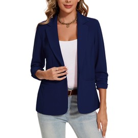 MINTLIMIT Blazers for Women One Button Notched Lapel Jacket Lightweight Summer 3/4 Ruched Sleeve Blazer Suit Cardigan with Pockets,Navy Blue,S