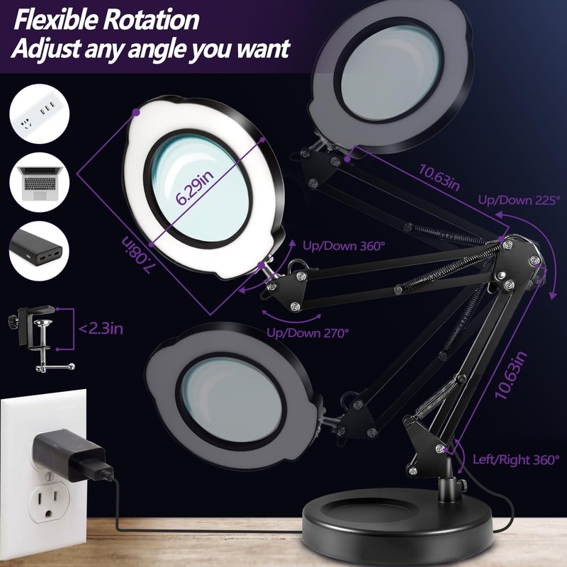 12X Magnifying Glass with Light and Stand, 5 Color Modes