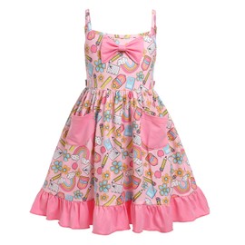 Little Kids Back to School Dress for Girls kindergarten Adjustable Spaghetti Straps Pencil Stationery Book Schoolbag Ruffle Casual Dresses with Pockets First Day of School Outfits Dark Pink 5-6 Years