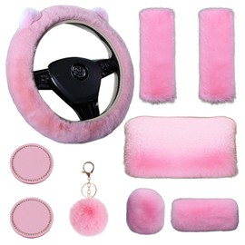 9 Pack Cute Bear Fluffy Steering Wheel Cover for Women,LXPKKIG Cute Fuzzy Steering Wheel Cover for Women Girls,Fluffy Car Accessories Set for Women Universal 15 Inch (Pink)