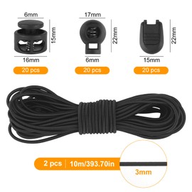 2 Bundles 3 mm x 10 m Elastic Rubber Cord, Bungee Nylon Stretchy Cord with 20 Pieces Zip Pull Cord Lock, 20 Pieces Double Hole Spring, 20 Pieces Single Hole Spring for Backpack, Shoelaces (Black)