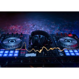 CORFOTO 9x6ft Fabric Dj Mixer with Headphones Backdrop Photography Dj Sound Equipment in Dark Background Musical Dance Disco Party Decorations Live Concert Stage Photoshoot Booth Studio Props
