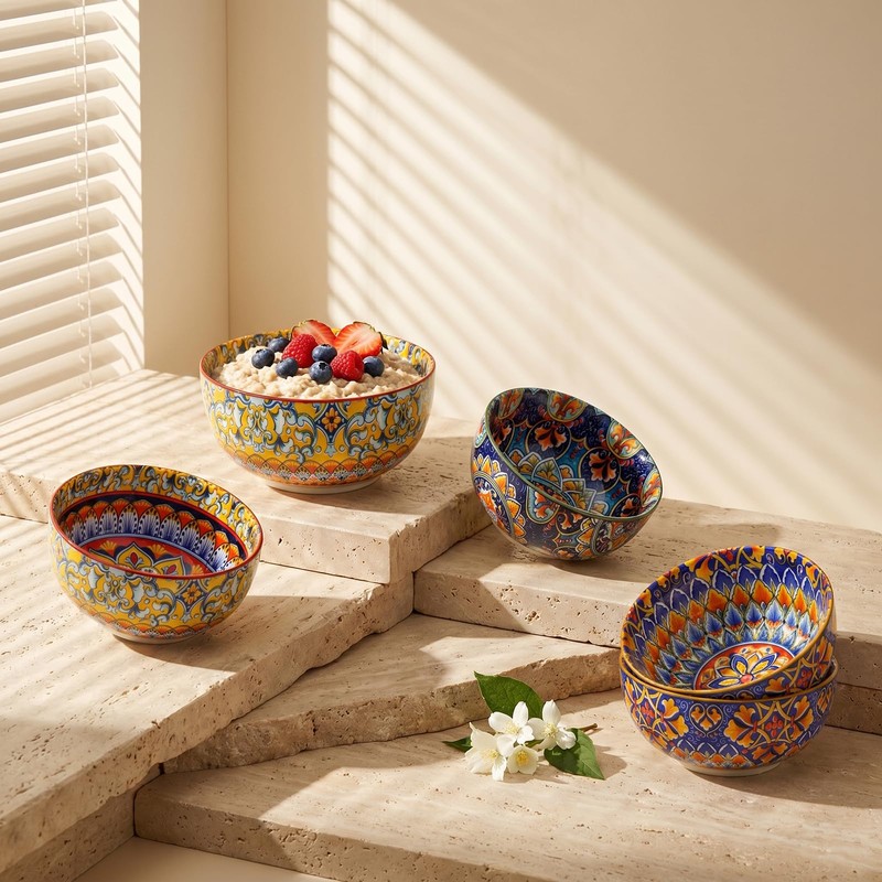 Boho Bowl Set of 6, 28 oz Colorful Ceramic Soup