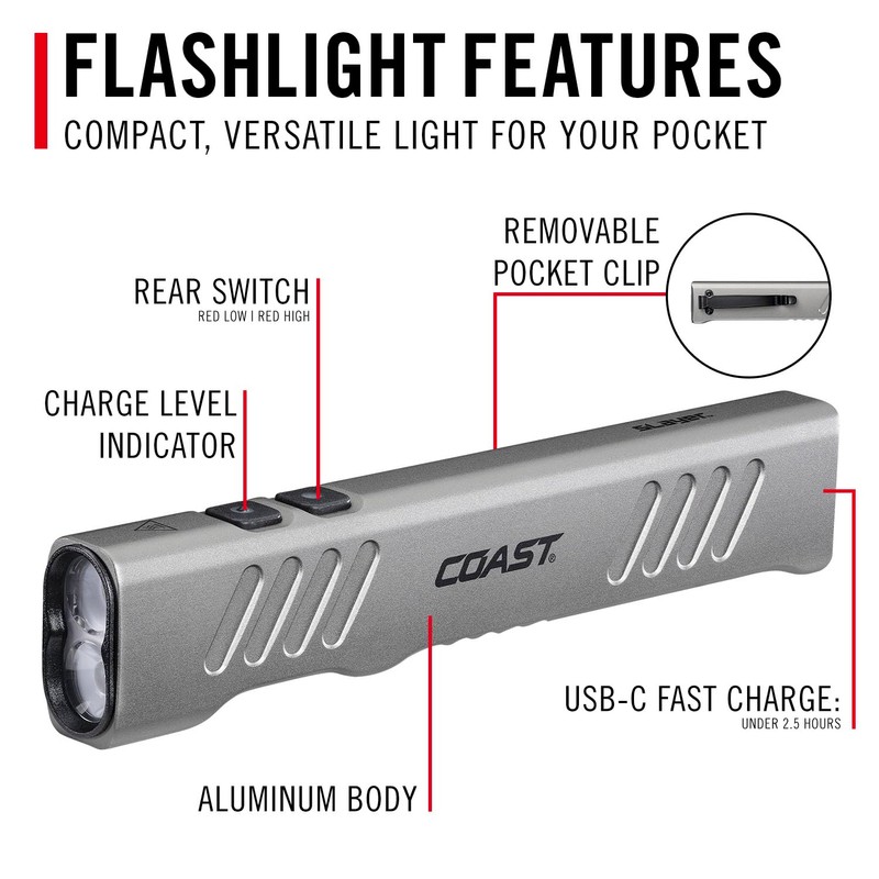 Coast Slayer RED 1000 Lumen USB-C Rechargeable LED Flashlight with