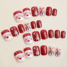 Christmas Press on Nails Short Square Fake Nails with Santa Claus Elk Snowflakes Designs Red Full Cover False Nails Press ons Glitter Acrylic Xmas Stick on Nails for Women 24 Pcs