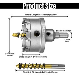 SALI 2-7/16" (62mm) TCT Hole Saw Kit Tungsten Carbide Tipped Hole Saw Drill Bit with Titanium-Plated Pilot Drill bit for Metal, Stainless Steel, Iron, Wood, Plastic