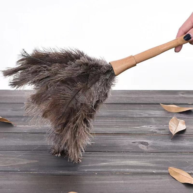 Fluffy Natural Ostrich Feather Duster Wooden Handle Household Cleaning Tool