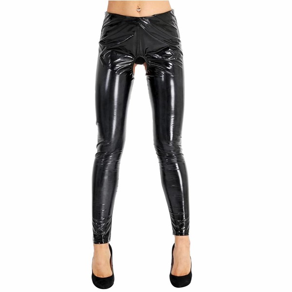 iixpin Women's Wetlook Leggings Stretch PU Leather Trousers Shiny Ouvert Trousers Faux Leather Slim Black Smooth Trousers S-XL - s