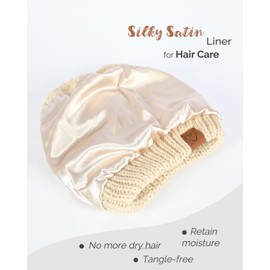 Hat Hut Satin Lined Beanie Hat for Women Silk Lined Winter Hat for Curly Hair Ponytail Beanie Messy Bun Knit Skull Cap (Oatmeal)