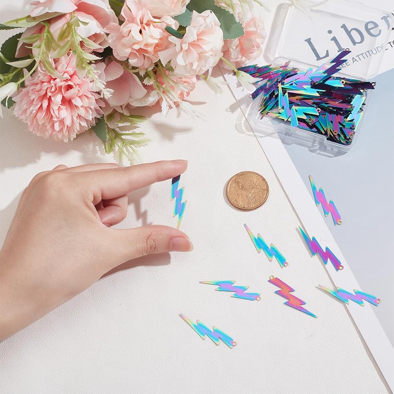 HOBBIESAY 60pcs Rainbow Color Lightning Bolt Pendants, Stainless Steel Charms