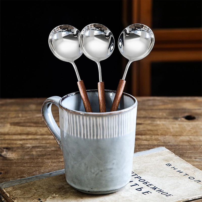 Ouliget Retro Wooden Handle Spoon,Stainless Steel Serving Tablespoons,Wooden DinnerSpoon,Silver Silverware