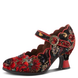 Spring Step L'Artiste Adodora Mary Jane Heeled Shoes for Women - Hand Painted Floral Tapestry, Hook and Loop with Velvet Lining Cushioned Insole, 2.5″ Heel, Red Multi EU 39 / US 8.5