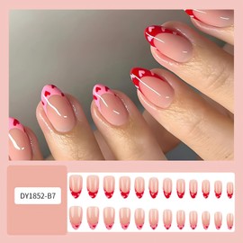 Almond Valentines Press on Nails French Tip Heart Designs Glossy Pink Red Valentine Fake Nails Full Cover Small Heart Glue on Nails Medium Almond Stick on Nails Valentine Designs for Women