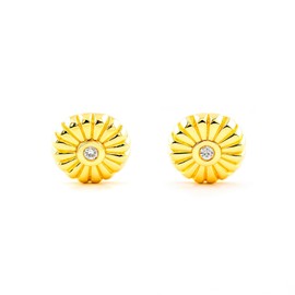 9ct Yellow Gold Round Cubic Zirconia Shine and Texture Baby Girls Earrings - Gift Box - Warranty Certificate - Mondepetit