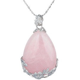 TUMBEELLUWA Stone Pendant Necklace for Women,Teardrop Shape Flower Chakra Reiki Healing Crystal, Rose Quartz