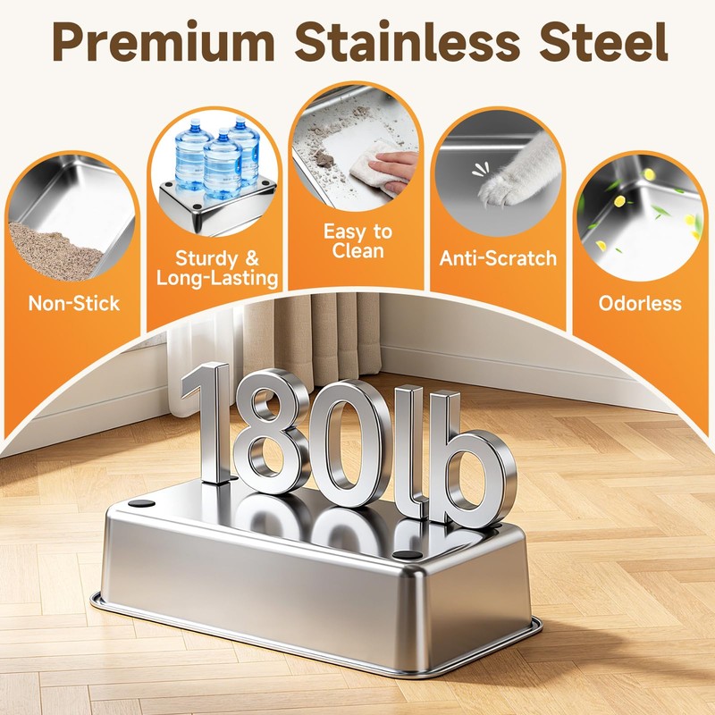 KISENG Stainless Steel Litter Box with Lid, High Sided Enclosed