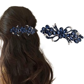 Flower Bow Hair Barrettes Rhinestone Flower Hair Clip Bow Crystal Hair Accessories for Women Bridal Wedding(Ink Blue)