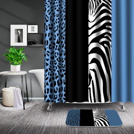 Poedist 4 Pcs Bathroom Shower Curtain Set,Blue Leopard Print Shower Curtain Bright Style Shower Curtain Sets with Rugs(Bath Mat,U Shape and Toilet Lid Cover Mat) and 12 Hooks