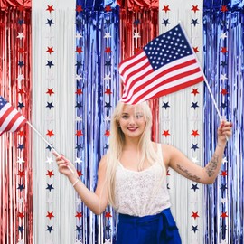 BAHABY 4th of July Decorations Set: 8 Strands Patriotic Star Streamers Banner Garland + 2 Pack 3.28Ft x 6.56Ft Metallic Tinsel Foil Fringe for Independence Day Memorial Day