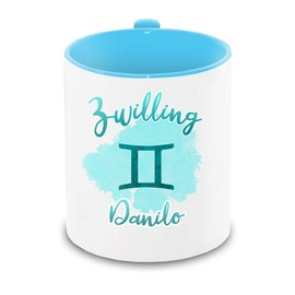 Tasse mit Namen Danilo und Sternzeichen-Motiv Zwilling im Lettering-Stil | Keramik-Tasse hellblau | Astrologie-Geschenk