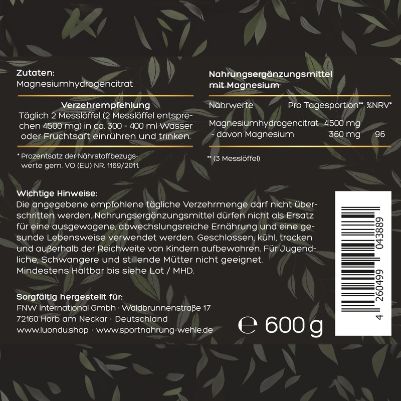 Magnesium Pure Pulver 4500mg Magnesiumhydrogencitrat Pulver 360mg elementares Magnesium -
