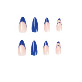 BABALAL Almond Press on Nails Medium Length Fake Nails Nude Glossy Acrylic Nails Blue French Glue on Nails 24Pcs Stiletto Artificial Nails