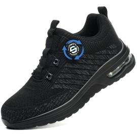 Ayqyc Safety Shoes Men Women Work Shoes Lightweight Breathable Non-Slip Steel Toe Cap Shoes with Swivel Buckles Laces, black, 42 EU