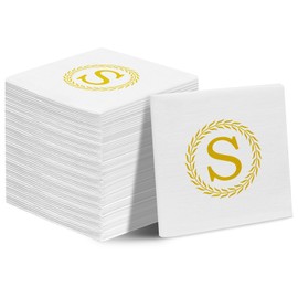100 Gold Monogram Cocktail Napkins - Letter S White Beverage Napkins, Disposable Cocktail Napkins, Soft & Absorbent, 1/4 Fold, 5" x 5" for Wedding Birthday Party Baby Shower Decorative Towels(S)
