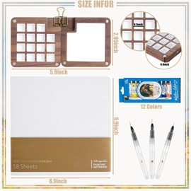 Mini Portable Watercolor Palette Set 7PCS Travel Wooden Watercolor Kit with 3 Brushes, 12 Colors, Wooden Color Palette Box, Clip & Painting Book, Watercolor Paint Set for Beginners & Professional