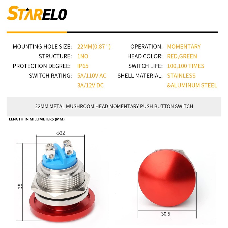 STARELO 22mm Momentary Push Button Switch Mushroom Head,Stainless Steel Metal