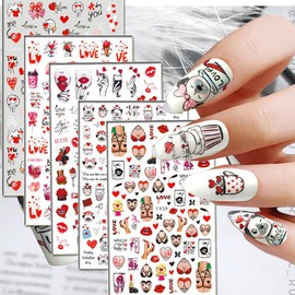 Valentine’s Day Nail Art Stickers Decals- 8 Sheets 3D Self-Adhesive Valentines Nail Art Supplies Red Love Heart Rose Gnome Nail Decals Cute Romantic Nail Design for Women Girls DIY Manicure Decoration