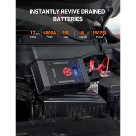 AstroAI A30 Jump Starter with Air Compressor, 4000A & 150PSI Portable Car Battery Jump Starter (10.0 Gas/8.0L Diesel) with Tire Inflator, 12V Battery Charger, 18W Quick Charge, Jumper Cables, Lights